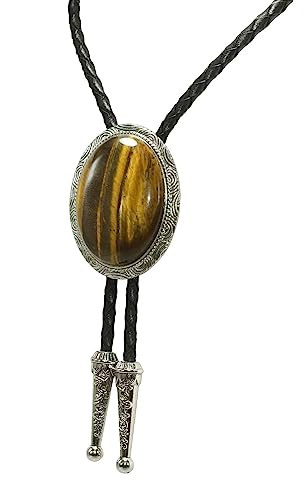 Image of Moranse Bolo Tie with Natural Tiger Eye Stone Celtic Style Genuine and Cowhide Rope
