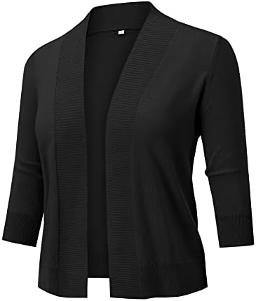 AstoSeu Women's 3/4 Sleeve Cropped Cardigan Sweater Bolero Open Front Short Shrugs for Dresses Black XXL