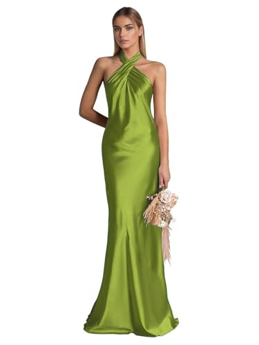 Lindo Noiva Chartreuse Green Satin Bridesmaid Dress for Wedding 2025 Halter Mermaid Prom Dresses Long for Women Evening Party Size 6