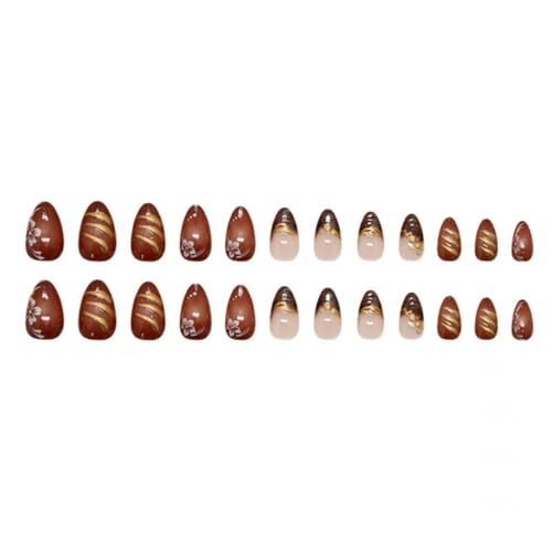 Image of Brown Press on Nails French Tip Fake Nails Medium Almond False Nail with Gold Design Fall Stick on Nail Glossy Full Cover Reusable Artificial Acrylic Flower Glue on Nails for Women Manicure 24Pcs