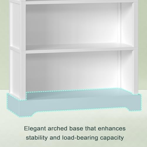 Image of TVU 5-Tier Wooden Book shelf, 65 inchH x 31.5 inchW x 9.9 inchD Bookshelf with Storage, Floor-Standing Display Bookcase, Farmhouse Style Bookshelf with Arched Base, Suitable for Living Room, Study, Office, White