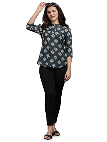 Image of NAINVISH Cotton Blend Tops for Women | Tops for Women Printed Shirt Top for Women Slim Fit | Office Wear Tops for Women | Mandarin Collar Top