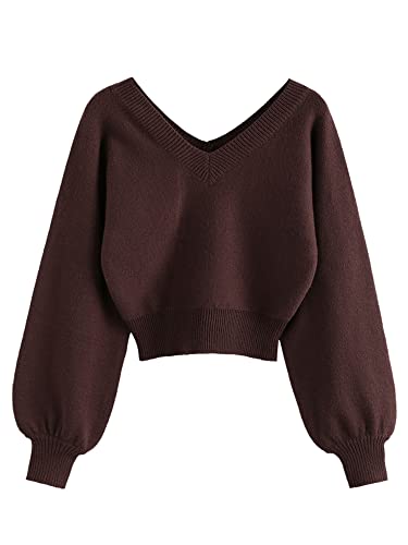Image of ZAFUL Women's Cropped Sweater V-Neck Long Sleeve Pullover Jumper Knit Top