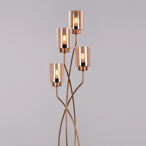 Image of Modern Floor Lamp for Living Room | Gold Standing Lamp with 4 Amber Glass Shades | 3 Color LED Floor Lamp for Bedroom, Corner Lighting & Home Decor