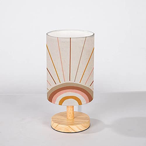 Image of Minimalist Bedside Table Lamp Boho Magic Rainbow Sun and Rays Background Trendy Abstract Geometric Solid Wood Nightstand Lamp Bedside Desk Lamp Wood Base Flaxen Fabric Shade for Bedroom Living Room