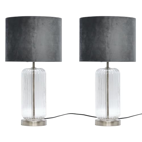 Image of firstchoicelighting Set of 2 Ribbed Glass Brushed Chrome Table Lamps or Bedside Lights, Cear Glass with Grey Velvet Shade, Height 49cm.