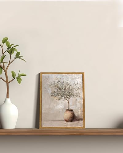 Image of ARPEOTCY Vintage Framed Botanical Wall Art, Bedroom Bathroom Rustic Farmhouse Art Decor, Olive Tree in Vessel Canvas Print Retro Paintings, Home Neutral Antique Decor, 8x10 Inch