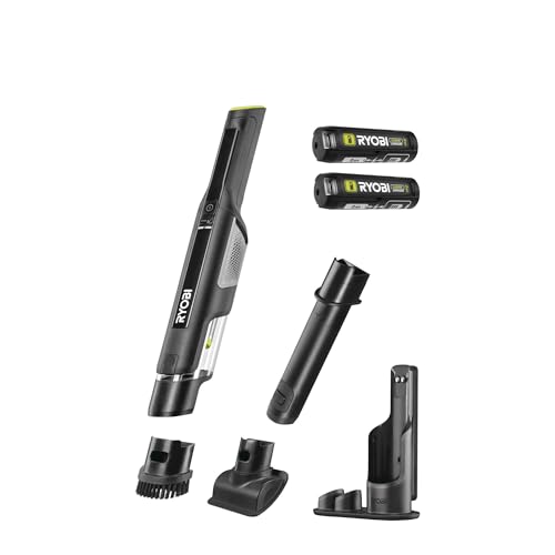 RYOBI Aspirateur à Main USB Lithium™ Brushless – Nettoyage canapé, Voiture et Petits espaces – Station de Recharge + 2 Batteries 2,0 Ah incluses –...