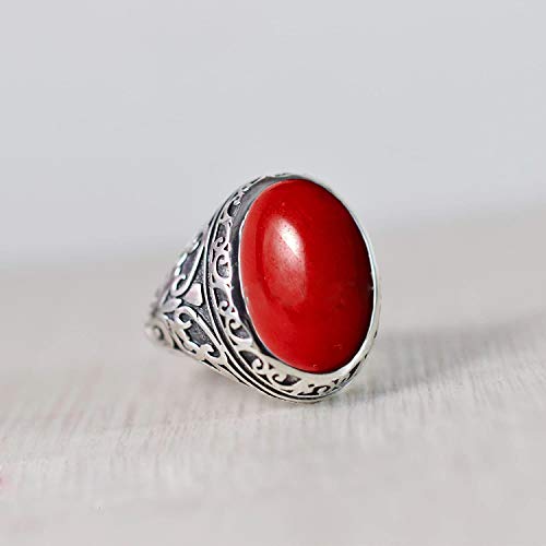 Red Coral Silver Ring, Solid 925K Sterling Silver, Cab Oval, Artisan Handcrafted Jewelry, Men's Red Coral Ring, Men's Filigree Ring, Gift For Him, Birthday Gift, Party Wear, Size 4-13