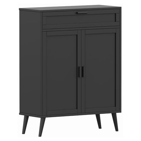 Rovaurx Accent Floor Storage Cabinet with 2 Doors, Bathroom Cabinet with Large Drawer, Freestanding Storage Cabinet Organizer, Black BMGZ107H Cover