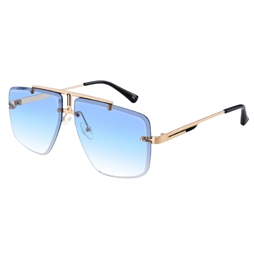 Image of Rimless Oversized Square Sunglasses for Men Trendy Fashion Big Shades Tinted Lens Gold Metal Frameless Glasses UV400