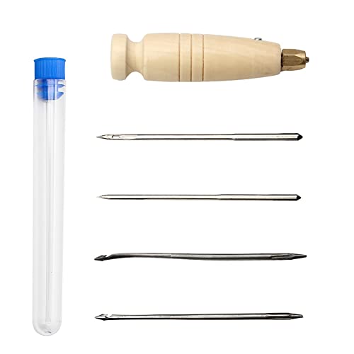Surakey Needle Awl Shoe Sewing Tool Kit Leather Repair Shoe Mending Tool Sharp Drilling Awl Round Hole Needle Curved Crochet Hook Shoes Wooden Handle Beech Sewing Tools, Type 1