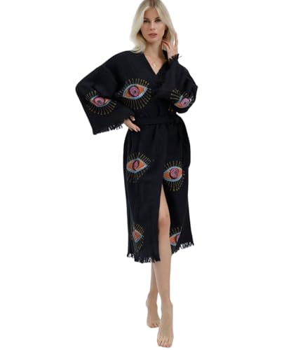 CYC Atelier 100% Turkish Cotton Evil Eye Kimono Robe Hand Printed Caftan Beach Cover Up Boho Festival Kimono for Women (US Alpha One Size Regular Regular Black)