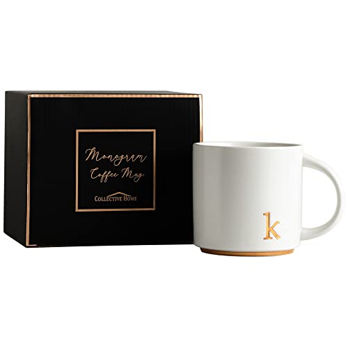 image for COLLECTIVE HOME - Monogram Ceramic Mugs, 15 oz Golden Initial Coffee C