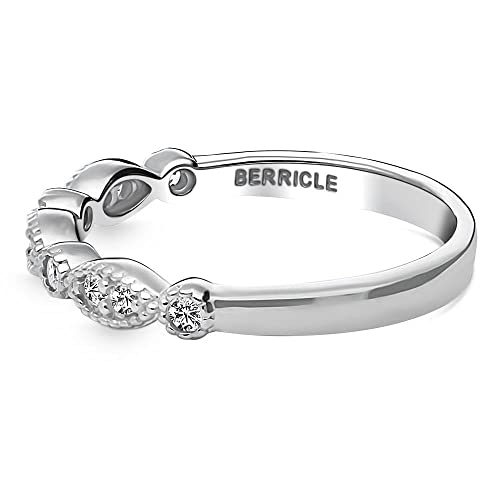 BERRICLE Sterling Silver Milgrain Wedding Rings Crown Set Round Cut Cubic Zirconia CZ Vintage Inspired Art Deco Half Eternity Ring for Women, Rhodium Plated3