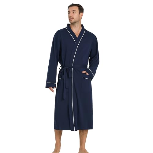 Vulcanodon Luxury Cotton Robe for Men, Soft Breathable Kimono Bathrobe with Pockets for Lightweight(Navy,L/XL)