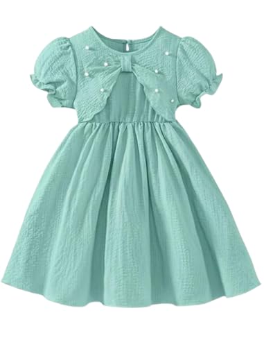 Niren Enterprise Girls Bow Pearl Dress Puff Sleeve Round Neck Sol...
