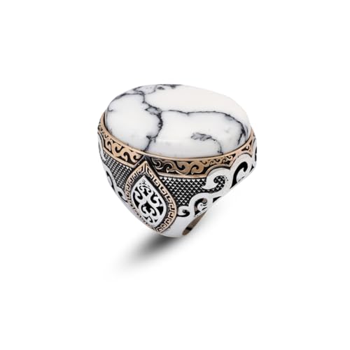 Bague fiançailles homme turquoise blanche argent 925 large pierre polie