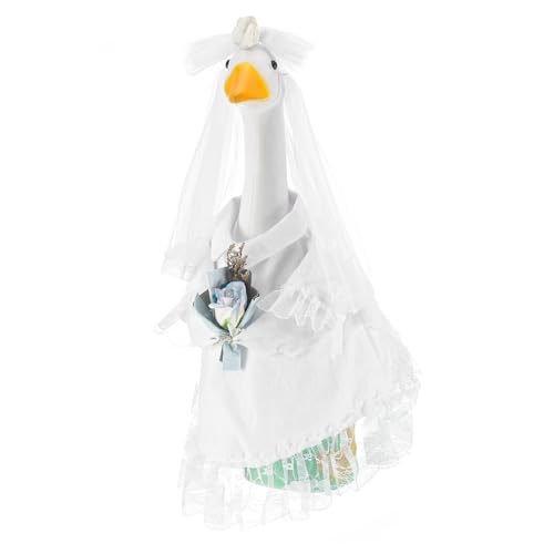 Sunnymove 1 Sets Bride Goose Outfits for 23'' Cement Lawn Geese Porch Goose Wedding Outfit White Bride Dresses Costume with Artificial Rose Bouquet for Wedding Garden Party Outdoor Statue Decor