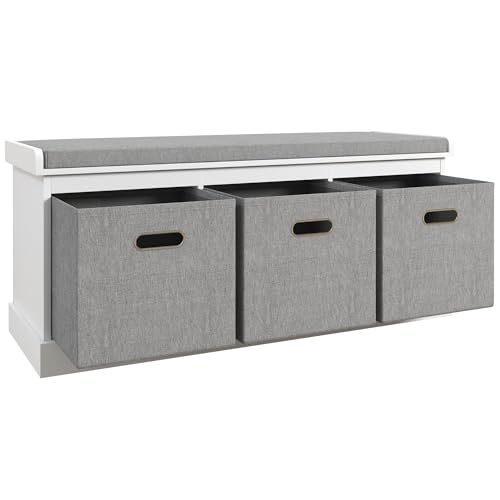 HOMCOM Panca scarpiera da Ingresso con 3 Cassetti, Cassapanca Scarpiera con Seduta in Legno e Tessito, Panca Portascarpe per 3 Paia di Scarpe, Soggiorno e Corridoio, 105x35x47 cm, Bianco
