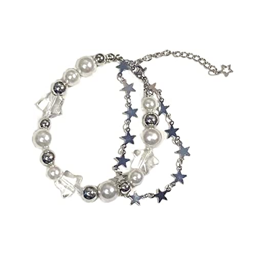 Y2K Star Pearl Beaded Chain Adjustable Aesthetic Bracelet Chain Grunge Gift for Women Jewelry Gifts Punk Gothic Link Dainty Bracelet Resin Transparent Star Cool-Set