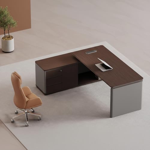 Image of Premium Modern Director Office Table with Dark Wood Finish & Fluted Front Panel, Executive Desk for Corporate Office (LDL-756 MDFL L6W3)