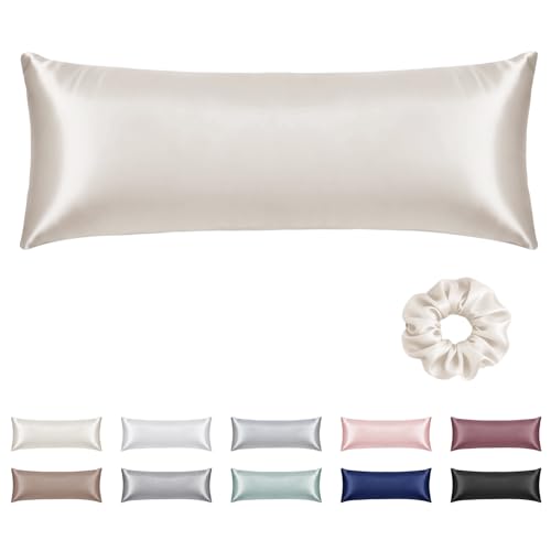 Vielit Satin Body Pillow Pillowcase 1pc Silky Body Pillow Cover Similar to Silk Pillow Cases Soft Body Pillow Case 20x54 & Envelope Closure Gift for Women Men Beige & 1 Satin Scunchie