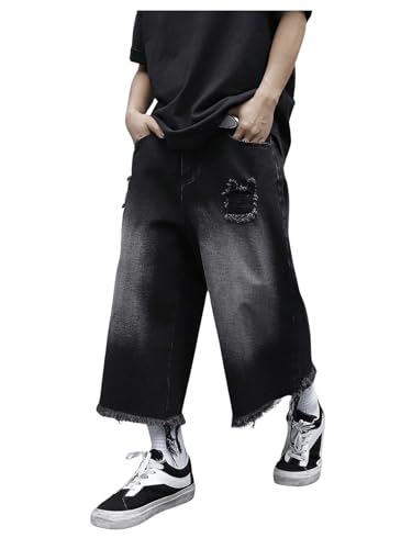 SweatyRocks Men's Ripped Wide Leg Cropped Jeans Raw High Waist Loose Denim Pants Streetwear