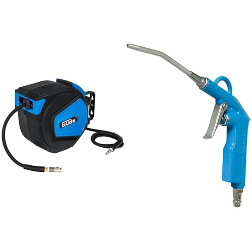 Güde Automatikschlauchtrommel 15 m (max. 12 bar, 180° schwenkbar, DL-Schlauch Ø 16/9 mm, inkl. Wandhalterung) & Güde Ausblaspistole MIDI (Alu-Druckguss-Gehäuse, IG 1/4", max. 12 bar, 8 cm Düsenlänge)