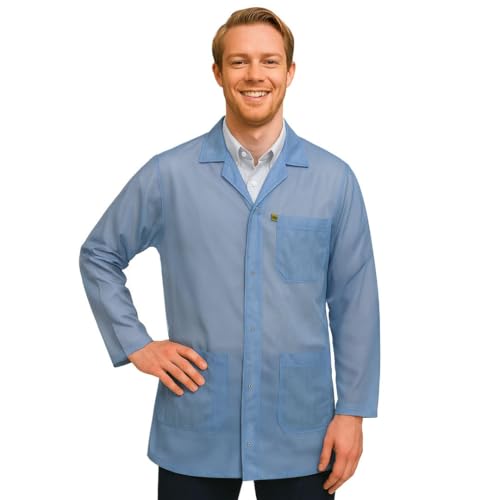 ESD Jacket with Snap Cuff Level 3 Certified Anti-Static Smock for Men & Women - Lightweight Protective Workwear for Electronics & Labs (Medium Light Blue)