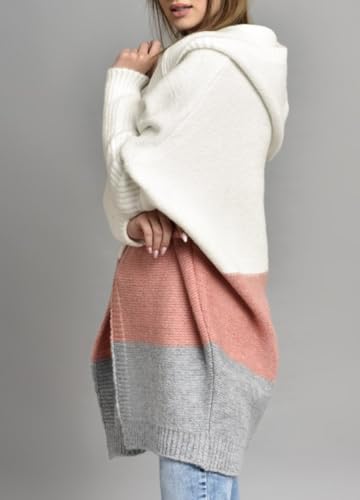 Image of Women's Oversized Hooded Cardigan Color Block Open Front Sweater Chunky Knit Long Coatigan Coat