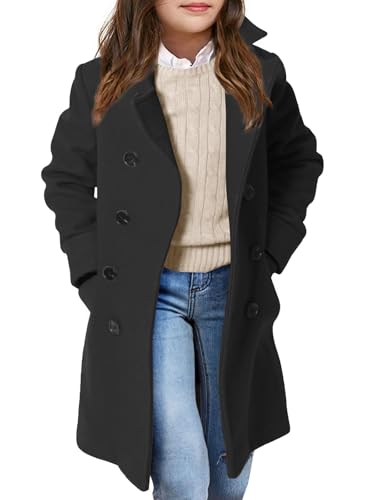 Girls Coat Double Breasted Notched Collar Wool Blend Long Trench Coat Winter Warm Peacoat Dress Coat with Pockets