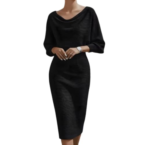 Robe féminine unie col rond coupe midi ajustée et manches chauve-souris confort