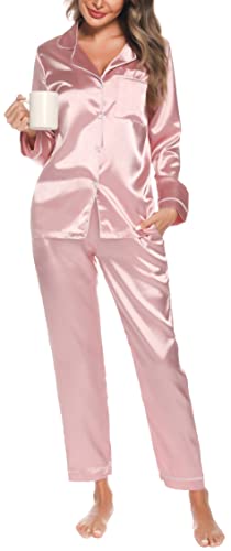 Lovasy Pyjama Femme Satin à Manches Longue Vêtements de Nuit en Soie Ensemble de Pyjama 2 Pièces,Rose L Cover