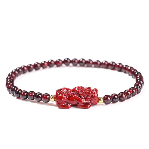 LIU JUN Feng Shui Pixiu Bracelet For Women, Natural Burgundy Garnet Stone Beaded Lucky Wealth Amulet Stretch Gift Jewelry (Red Pixiu Stretch)