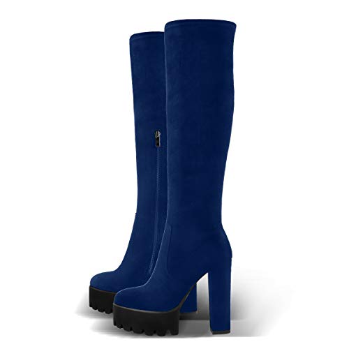 Onlymaker Women's Platform High Block Heel Over The Knee Boots Pull On Elegant Side Zipper Chunky Blue Big Size 14 #TOP26