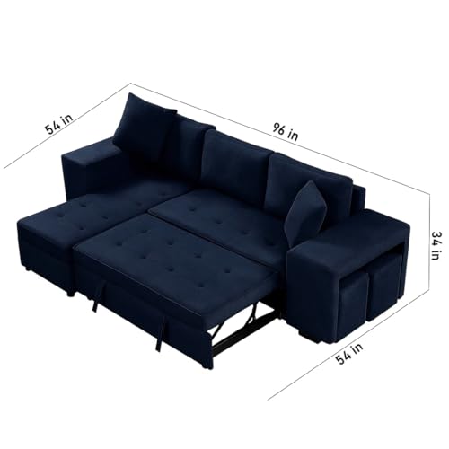 Image of FURNY Holland 6 Seater Fabric LHS L Shape Pull Out Sofa Cum Bed with Storage & 2 Puffy for Living Room (Blue)