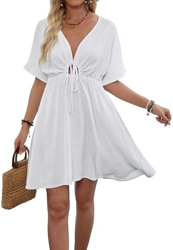 Eddoyee Wome's Swimsuit Coverup V Neck Hollow Out Beach Bathing Suit Flowy Swim Coverup Mini Dress
