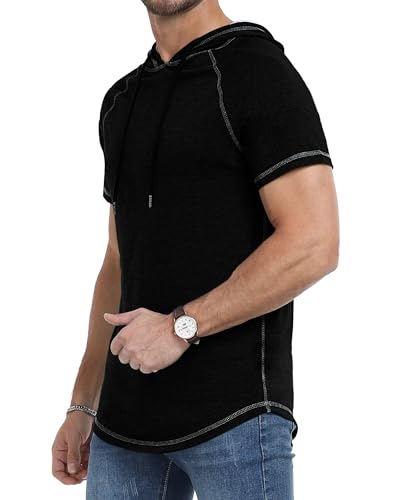 AIYINO Men's Short Sleeve Hoodie Workout Gym Sweatshirt Muscle Fit Fashion Athletic Hoodies Pullover Cotton Hooded T-Shirts L Black - Image 2