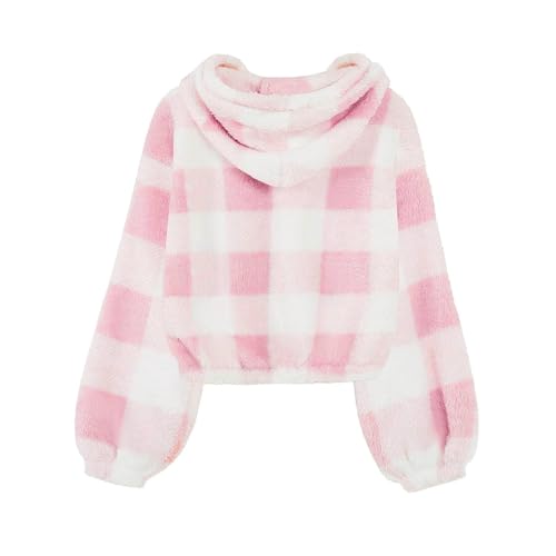 Girls Fuzzy Hoodies Plaid Warm Button Pullover Kids Trendy Preppy Oversized Warm Crop Plain Long Sleeve T-Shirt3