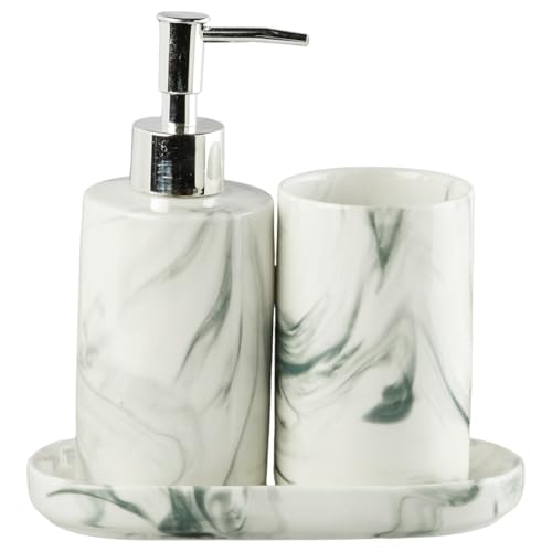 Image of SaSaSa Ceramic Bathroom Set of 3 Modern Bath Accessories Kit with Soap Dispenser, Toothbrush Holder & Dish - Stylish & Elegant Bathroom Decor, White /Black (7647)