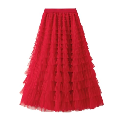 Women's Mesh Layered Midi Skirt Elastic High Waist A-Line Swing Tulle Tiered Tutu Skirts Cocktail Party Cake Skirt
