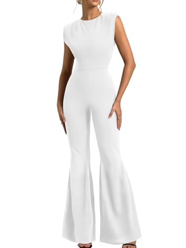 XXTAXN Women’s Sexy Sleeveless Crew Neck Cocktail Curvy Dressy Wide Leg Jumpsuit White