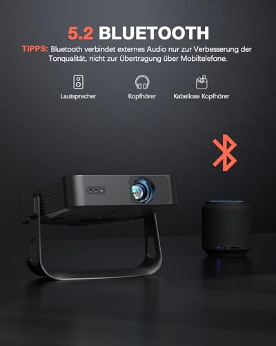 Mini Beamer【Autofokus/Trapezkorrektur】 Projektor 1080P Full HD 20000L WiFi6 Bluetooth 4K Unterstützt, VOPLLS Beamer Klein Heimkino 360° Drehbar Projector für Handy