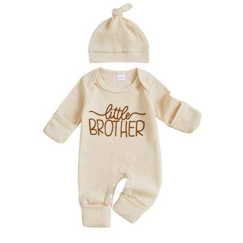 Image of allshope Newborn Baby Boy Fall Outfit Romper Little Brother Lil Bro Long Sleeve Jumpsuit Bodysuit Cute Infant Waffle Clothes