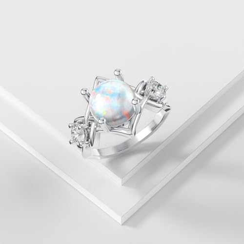 Image of 0.3 Carat Moissanite and White Opal /Blue Opal /Black Opal Engagement Ring 925 Sterling Silver 8-9 MM Heart /Round /Oval Cut Opal Moissanite Ring for Women Size 5-13