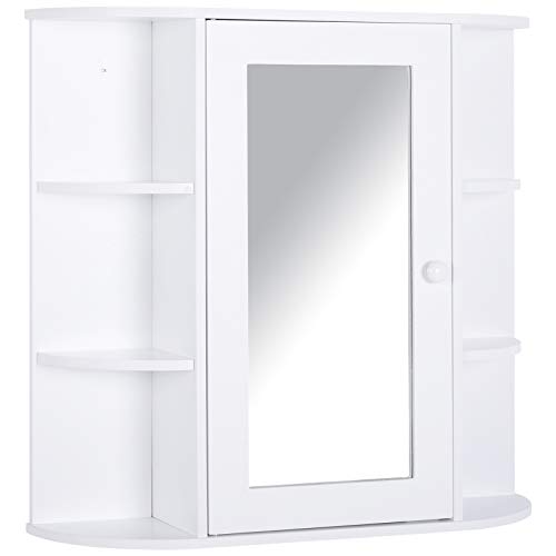 HOMCOM Armario de Baño con Espejo Mueble Colgante de Aseo con 1 Puerta 2 Estantes Interiores y 6 Estantes Laterales para Salón Cocina Dormitorio 66x17x63 cm Blanco