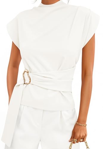 ZESICA Women's 2026 Summer Cap Sleeve Blouse Mock Neck Business Casual Tops Spring Dressy Tunic Work Shirts White Medium