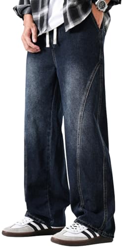 PADOLA Jean Homme Baggy Taille Elastique Pantalon Cargo avec 4 Poches Décontracté Y2K Jeans Coupe Droite Loose Fit Pantalon de Travail Jambe Large Denim...