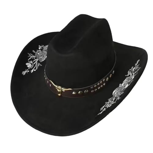 Sombrero vaquero bordado de fieltro unisex negro talla M
